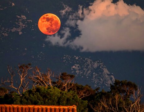 Blood moon over mountain range