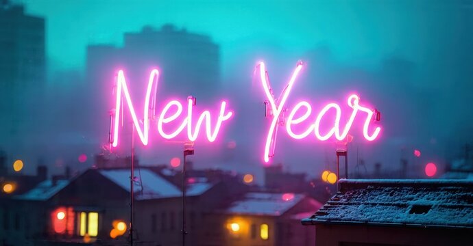 Neon sign displays New Year above rooftops. Cityscape visible, foggy atmosphere, warm lights present. Festive, celebratory mood.