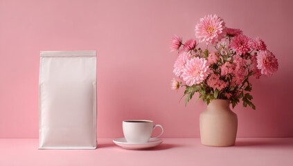 Fototapeta premium Still life white bag, coffee, vase with pink flowers