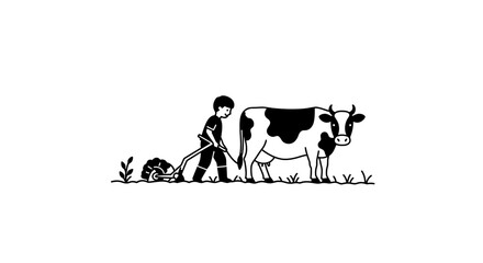 Rustic farm scene with farmer milking a cow amongst greenery and plants detailed woodcut style graphic Flat design vector illustration white background.