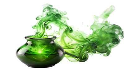 Eerie green potion bubbling in a cauldron isolated on transparent background, emitting mystical smoke and creating a magical atmosphere