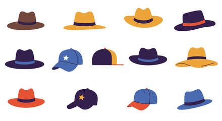 Diverse collection of hats featuring fedoras baseball caps and other styles Flat design vector illustration white background.
