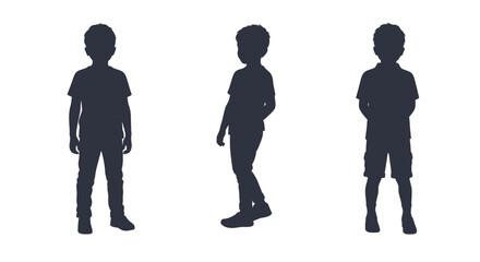 Three silhouette views of a young boy standing front side and back for design purposes Flat design vector illustration white background.
