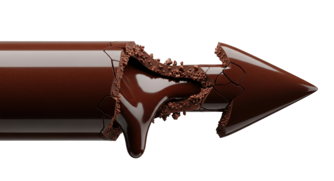 Luxurious dark chocolate arrow, glossy, snapped diagonally, revealing oozing molten ganache and crumbs, on transparent studio background. Culinary luxury, dramatic rupture