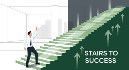Man climbing stairs toward success symbolizes career advancement and achievement illustration