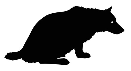 Silhouette of a wolf sitting alertly with intense gaze ready for action Flat design vector illustration white background.