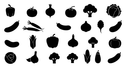 Collection of fresh produce silhouettes featuring diverse healthy vegetables and fruits Flat design vector illustration white background.