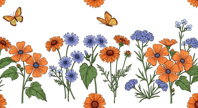 Floral illustration with butterflies botanical seamless pattern decorative design
