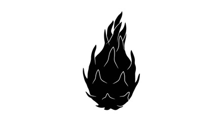 Black silhouette of a dragon fruit with vibrant flame-like scales against a clean white backdrop. Flat design vector illustration white background.