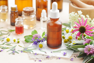 Variety of aroma essential oils in glass bottles with aromatic flowers on natural background, copy space, natural cosmetic, skin treatment, aromatherapy and menopause health concept