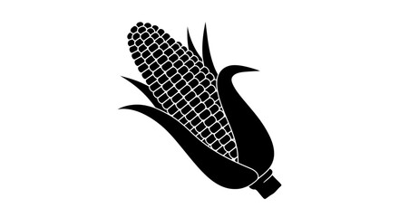 Simple black and white graphic of a single ear of corn with husks for a clean farm or harvest theme Flat design vector illustration white background.