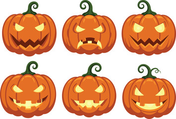 Collection of carved Halloween pumpkin jack o lantern faces illustration with spooky expressions for seasonal holiday decoration