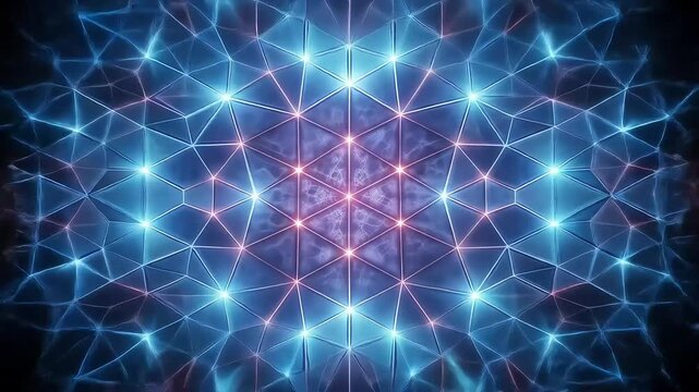Abstract network design with vibrant, interconnected lines and glowing points.  A kaleidoscopic pattern of triangular shapes and light