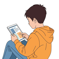 Illustration of a young boy in an orange hoodie sitting down while using a digital tablet computer. © Islah