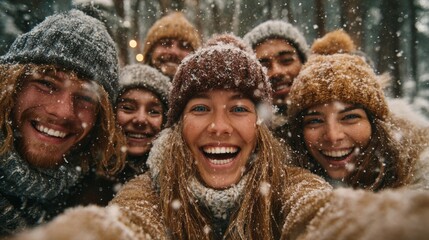 Group of friends joyfully posing for a selfie in snowy forest during winter