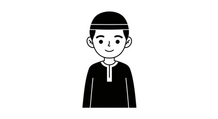 Simple cartoon muslim boy wearing kufi and thobe for islamic cultural representation Flat design vector illustration white background.
