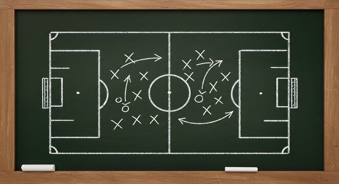 A chalkboard diagram illustrating a soccer game strategy with player positions and movement.