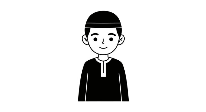 Simple cartoon muslim boy wearing kufi and thobe for islamic cultural representation Flat design vector illustration white background.