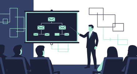 Professional business presentation with hierarchical structure and audience view