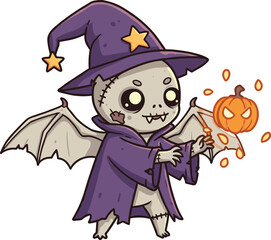 Cute spooky bat wizard in purple costume casting magic spell with glowing pumpkin for Halloween illustration