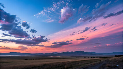 Dramatic pink and blue sunset clouds over a vast landscape with mountains image