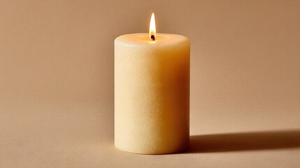   Close-up of lit candle against brown backdrop with shadowed side