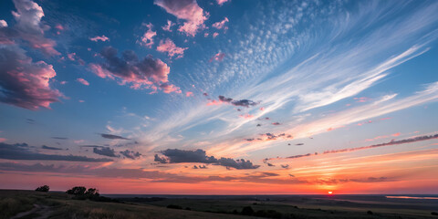 Dramatic sunset sky with pink clouds over rolling hills and distant water orange