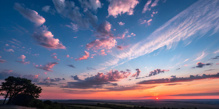 Dramatic sunset sky with pink clouds over rolling hills and a lone tree orange sky