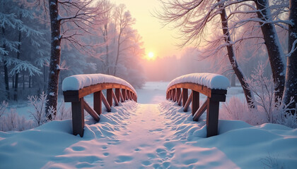 Snowy wooden bridge in winter forest at sunrise  