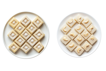 Top View of Kaju Katli Cashew Sweets on White Plate Isolated on White Background. Festive Kaju Katli Cashew Fudge on White Plate Isolated PNG.