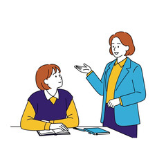 A teacher explaining something to a student, both sitting at a desk, learning together.