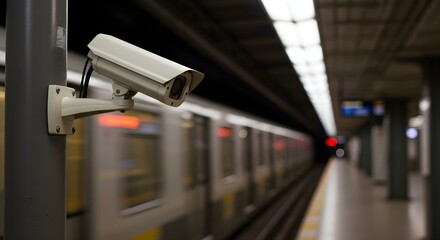 A security camera monitors a subway platform as a train speeds by in the background, creating a motion blur effect.