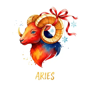 Zodiac Aries golden festive ram with snowflakes and ribbon