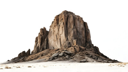 Tall sandstone monolith with rugged texture against a stark white background rock geological formation