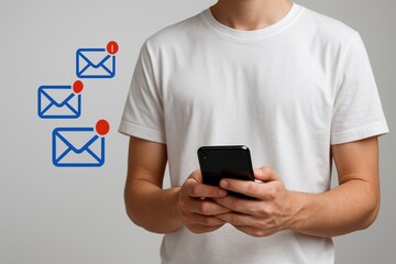Person checking smartphone with multiple email notification icons representing new messages, communication and digital inbox
