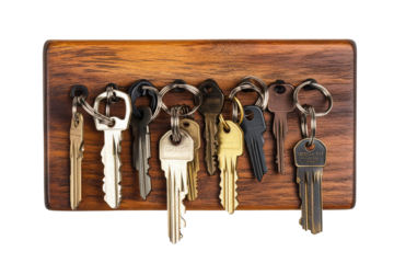 Collection of assorted keys hanging on a wooden key holder isolated on transparent background