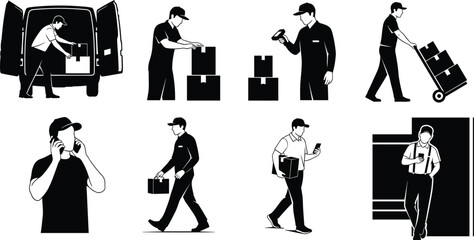 Delivery worker illustration, unloading van, scanning package, pushing hand truck, carrying box, mobile phone communication, logistics service, shipping, courier, distribution