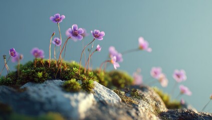 Delicate purple flowers atop mossy rocks