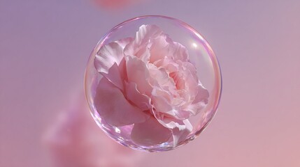   Pink flower in bubble on pink-purple background with circular bubble shapes