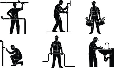 Plumber silhouettes, plumbing tools, pipe installation, sink repair, industrial maintenance, construction workers, water system, wrench operation, safety gear, technical labor