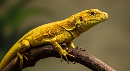 Naklejka premium Golden lizard perched on a branch close up with detailed textures