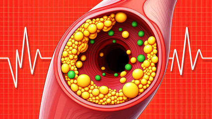 Arterial blockage with fatty deposits and heartbeat line artery cholesterol