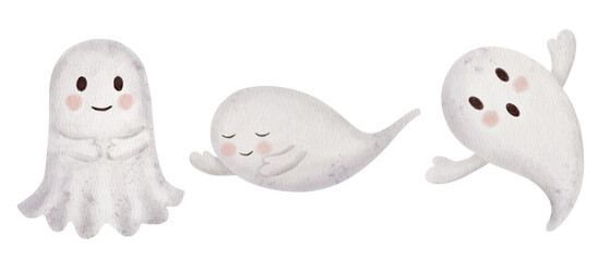 Cute ghosts in different poses Set. Hand drawn Watercolor Children's scary characters isolated on a background. For kids Halloween party invitations, spooky decorations, posters and cards.