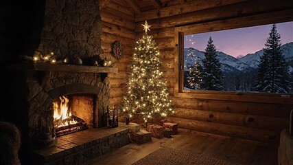Christmas tree and fireplace in mountain cabin at dusk - Powered by Adobe