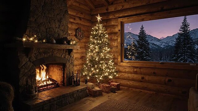 Christmas tree and fireplace in mountain cabin at dusk