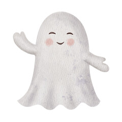 Obraz premium Little ghost with a cute smile. Hand painted Watercolor friendly spooky character isolated on a background. Perfect for Halloween festivities, childrens party invites, posters, and greeting cards.