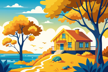  a bright yellow house sits on a beach shaded 