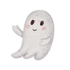 Cute cartoon ghost, smiling brightly. Hand drawn sweet watercolor character. Ideal for childrens Halloween invitations and decoration.