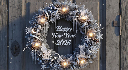Festive winter wreath with 'Happy New Year 2026' message on rustic wooden door