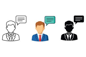 Illustration of a businessman with a speech bubble, representing communication, conversation, or professional advice